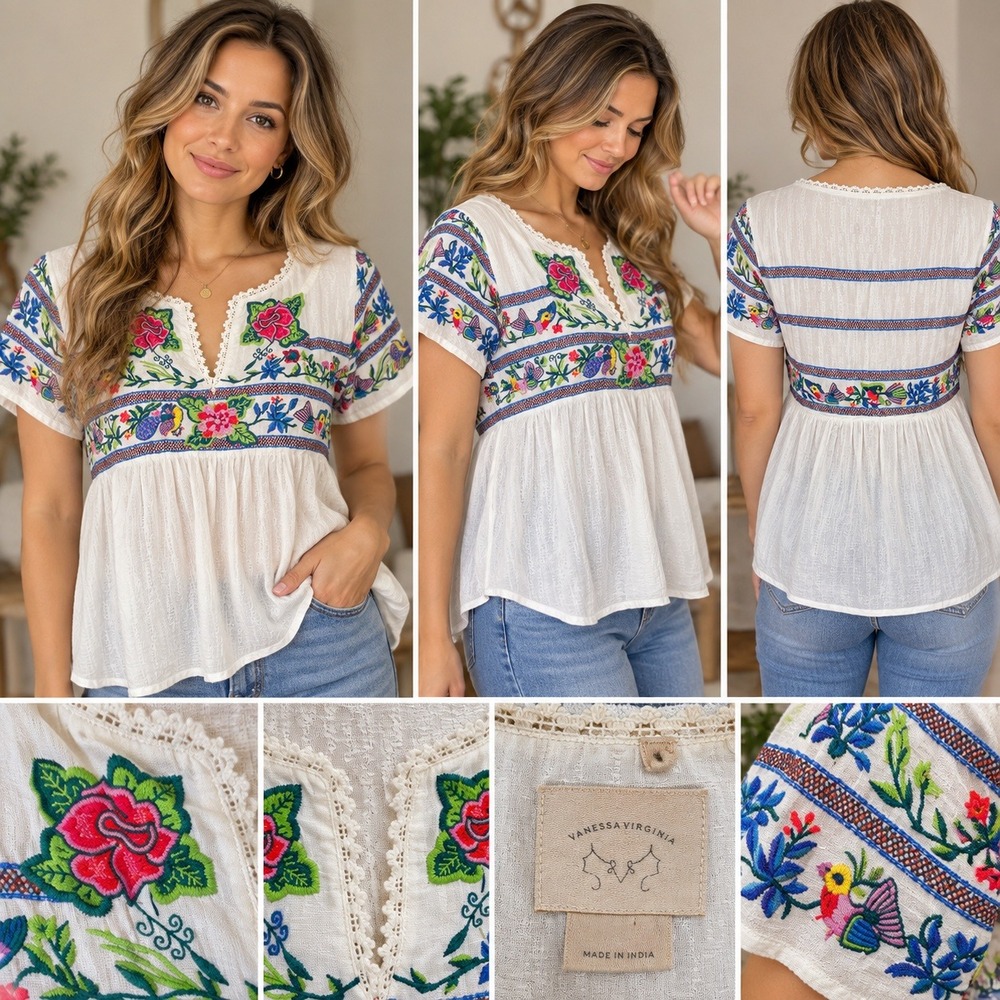 Vanessa Virginia Top Embroidered Floral Bird White Cotton Blend Boho Size M